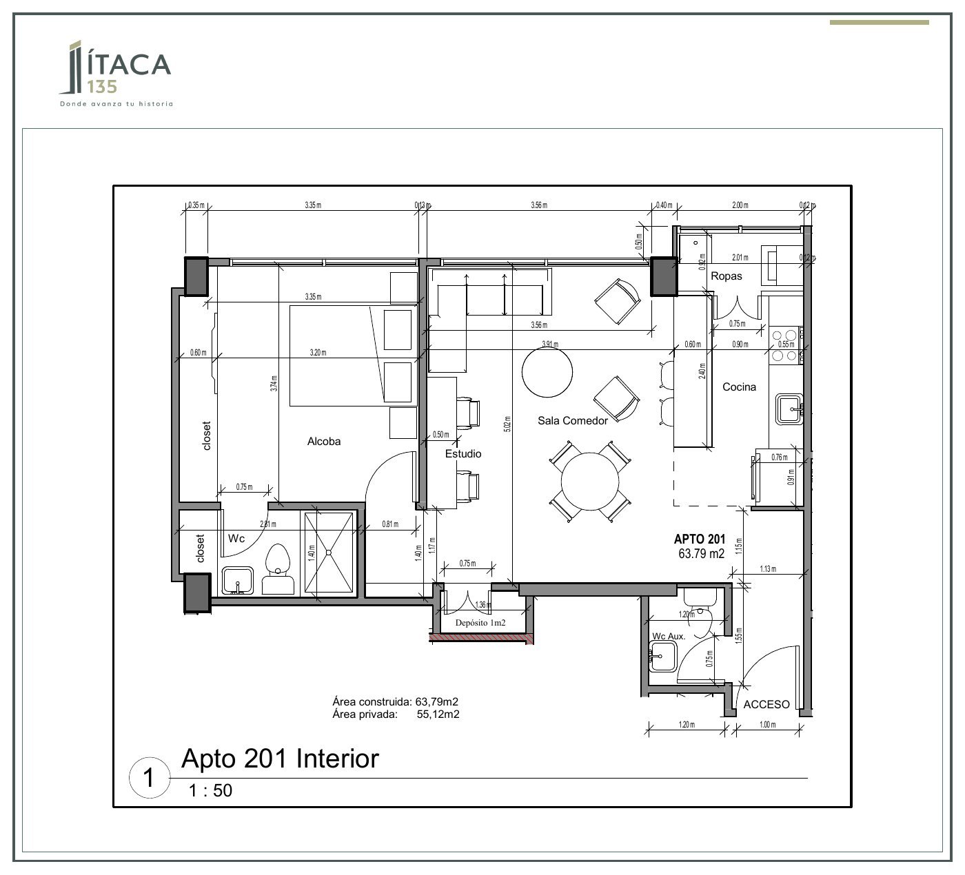 Plano arquitectónico del apartamento 201 de Ítaca 135