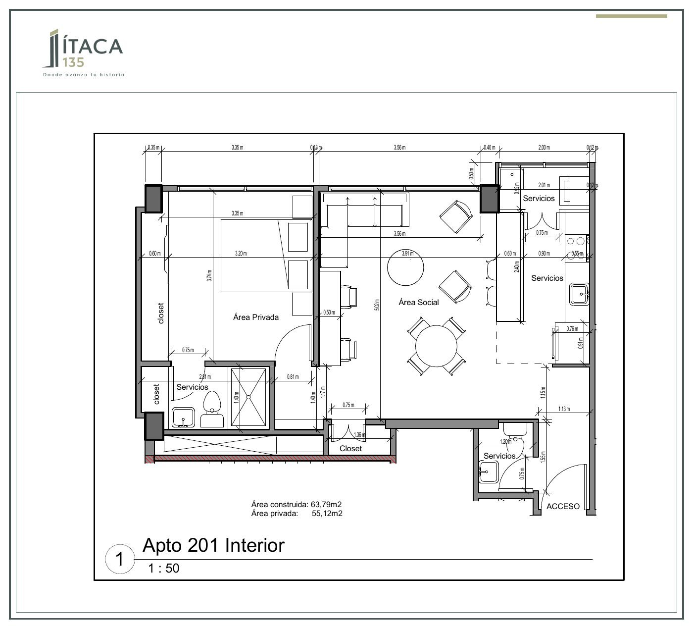 Plano arquitectónico del apartamento 201 de Ítaca 135