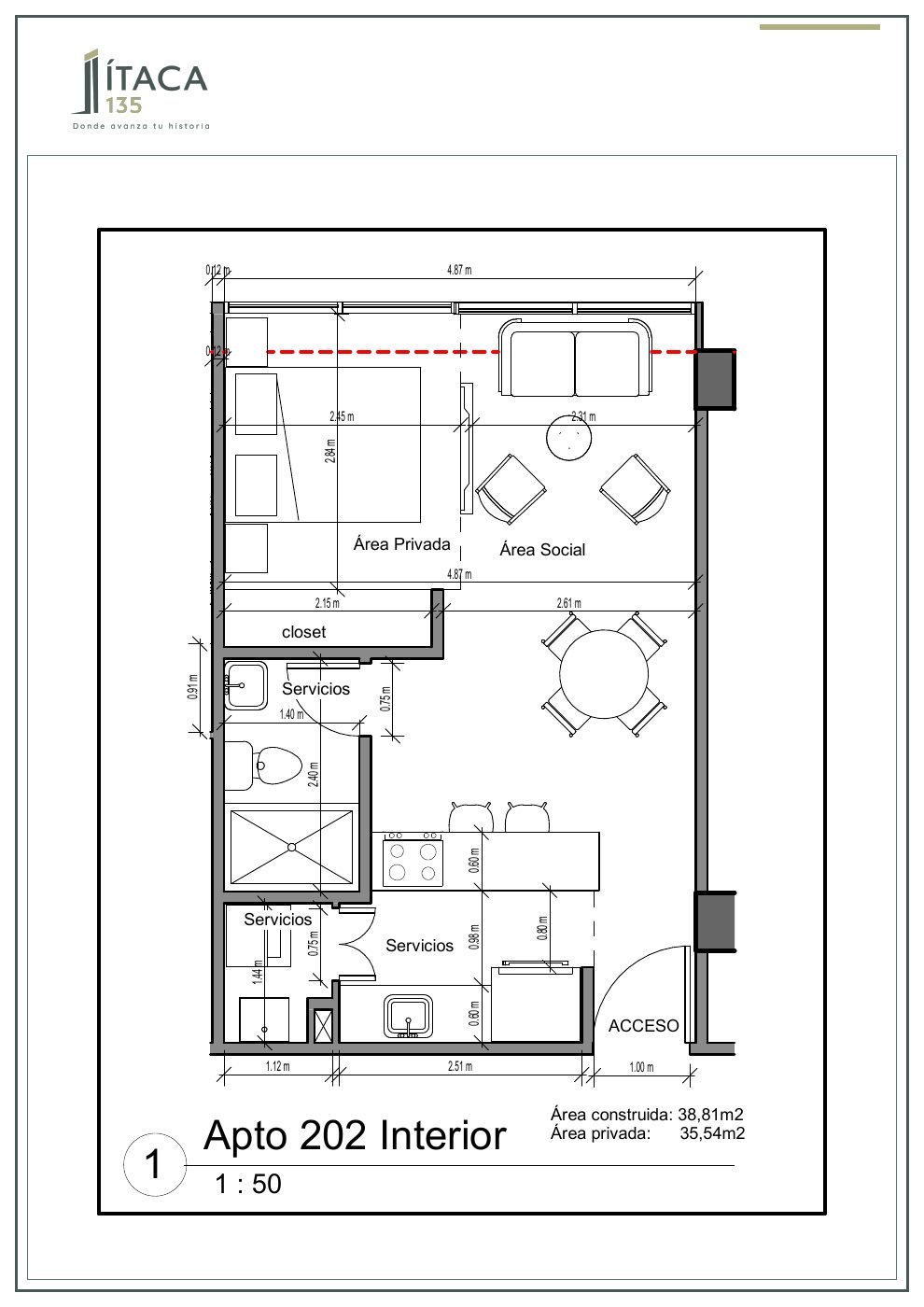 Plano arquitectónico del apartamento 202 de Ítaca 135