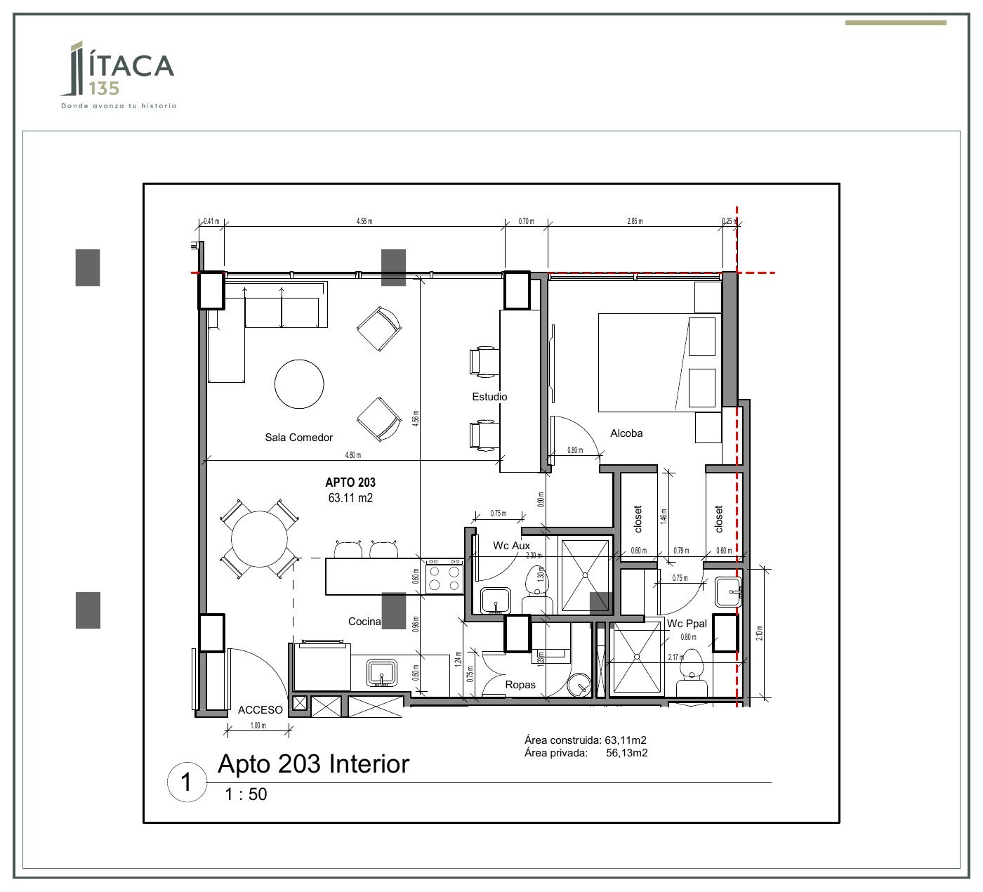 Plano arquitectónico del apartamento 203 de Ítaca 135