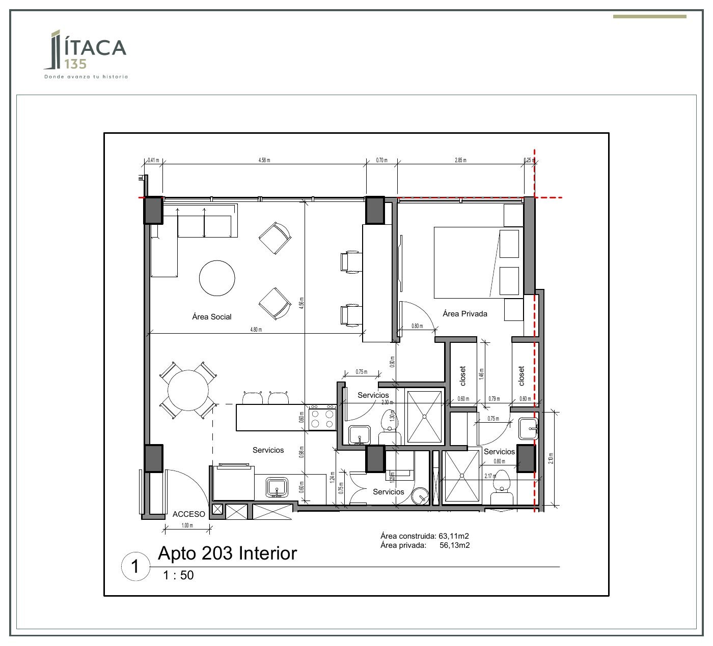 Plano arquitectónico del apartamento 203 de Ítaca 135