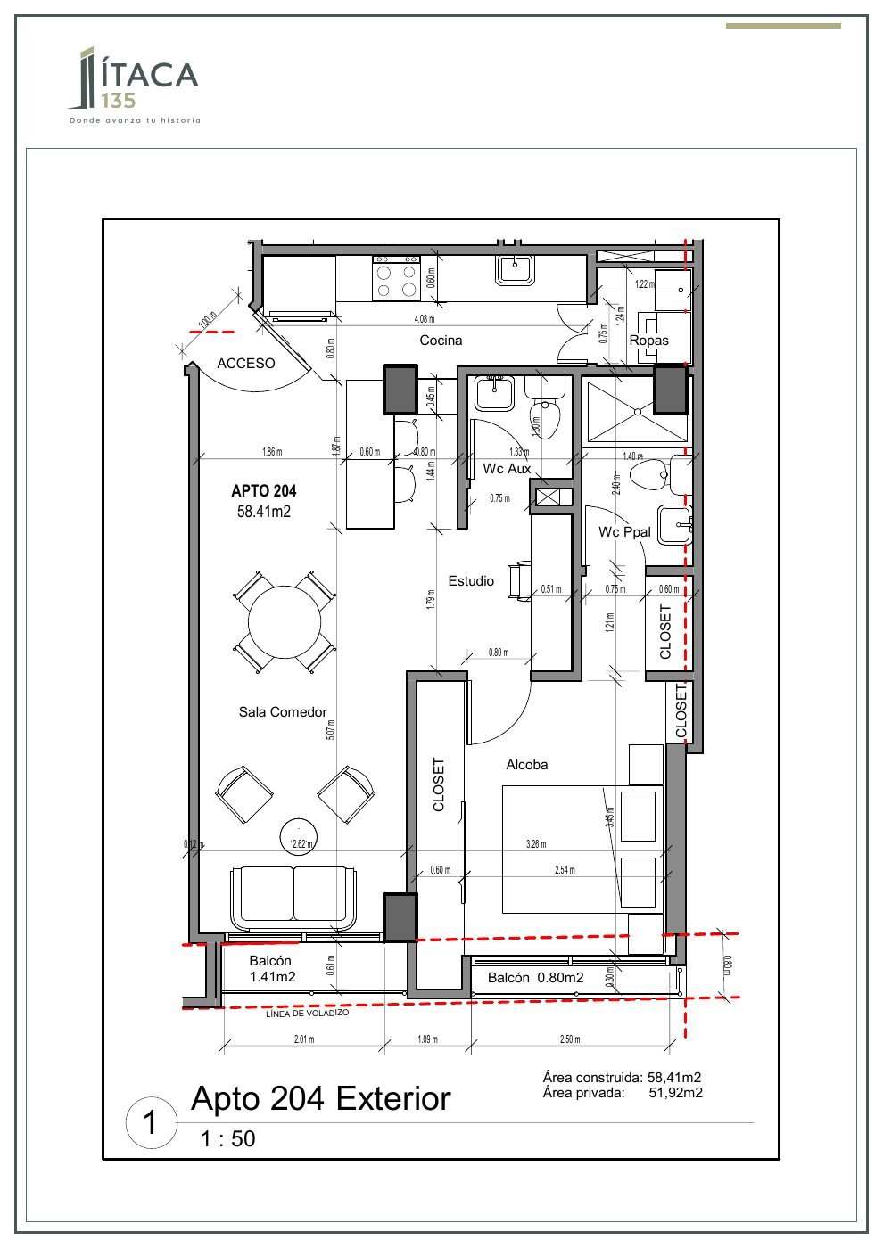 Plano arquitectónico del apartamento 204 de Ítaca 135