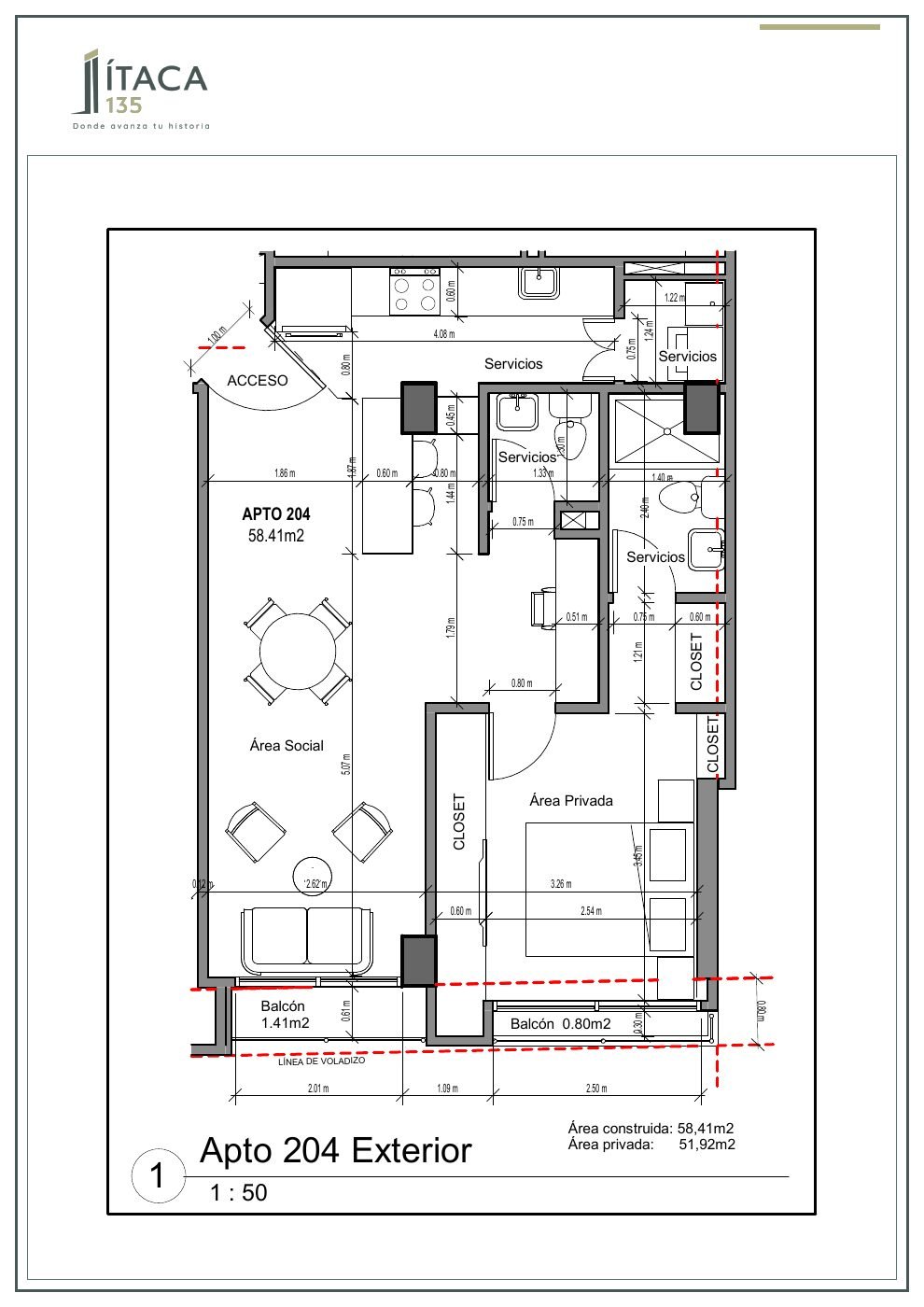 Plano arquitectónico del apartamento 204 de Ítaca 135