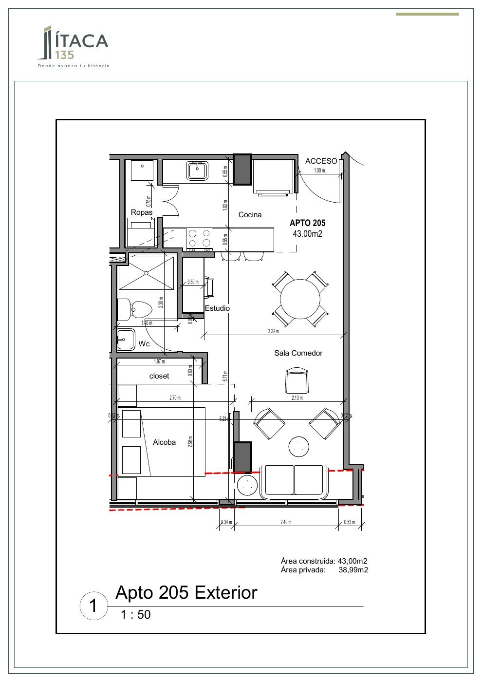 Plano arquitectónico del apartamento 205 de Ítaca 135
