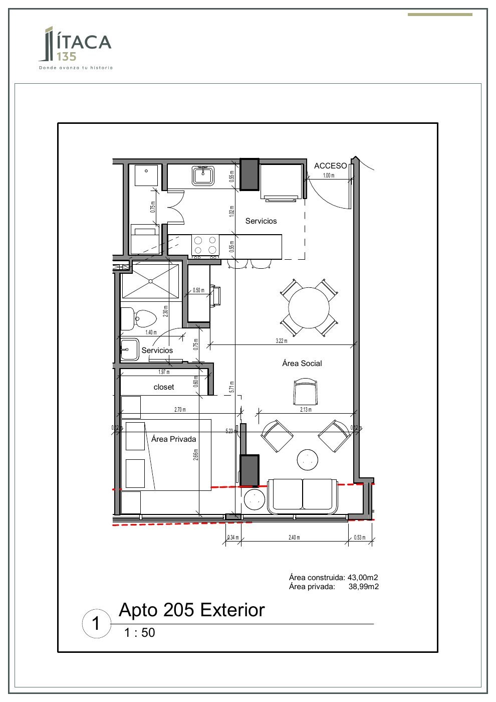Plano arquitectónico del apartamento 205 de Ítaca 135