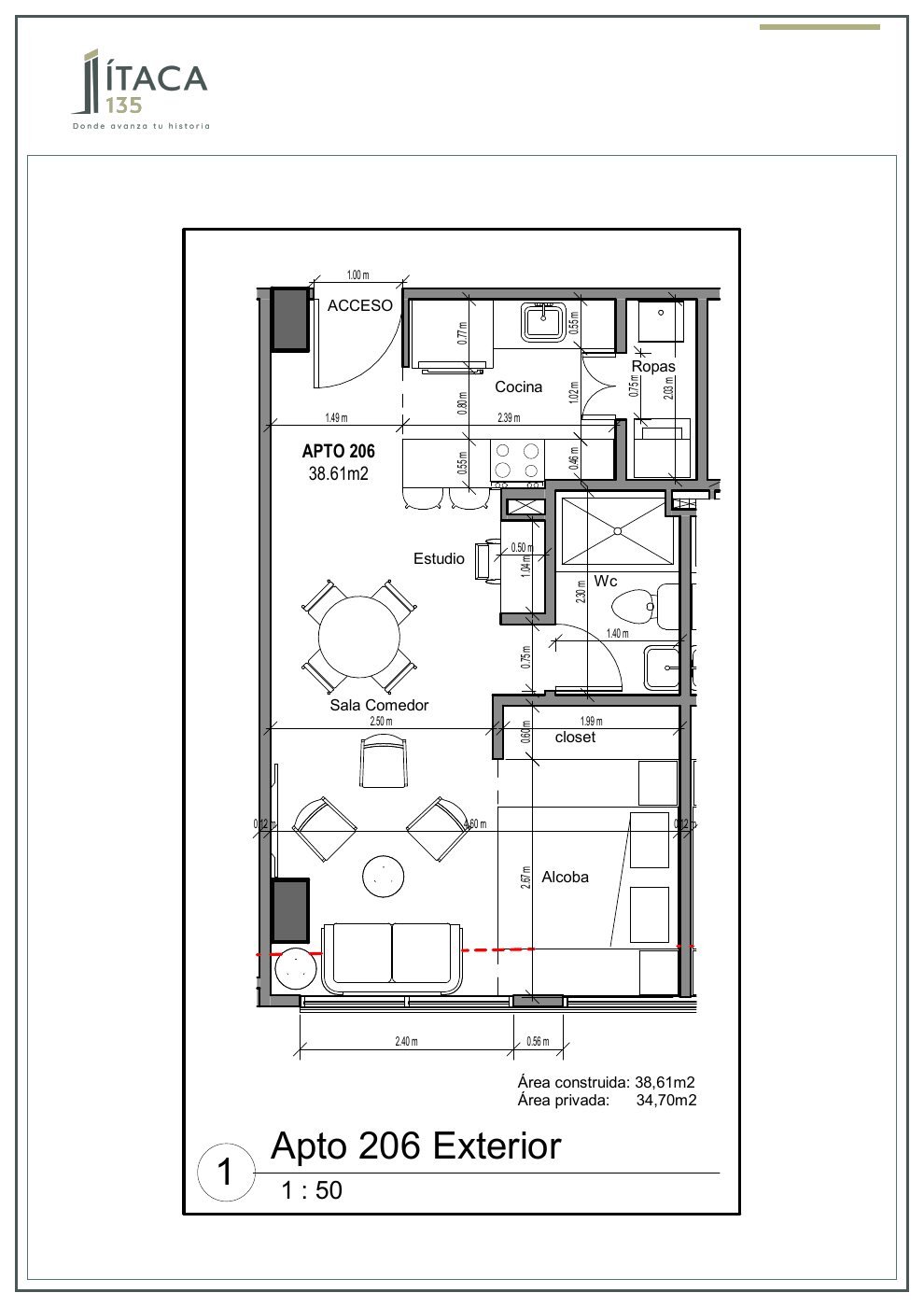 Plano arquitectónico del apartamento 206 de Ítaca 135