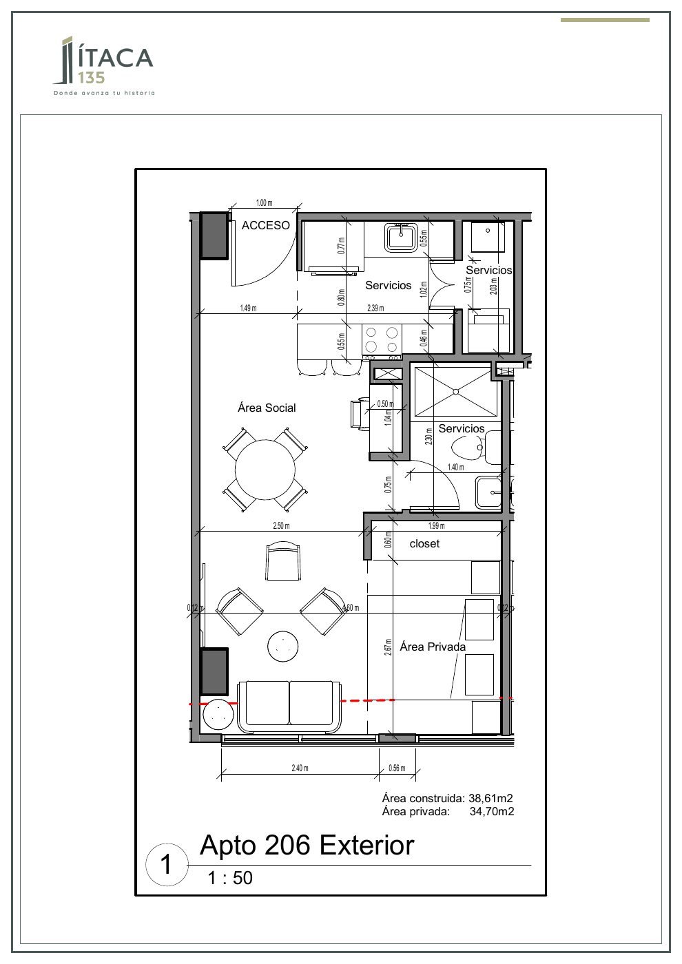 Plano arquitectónico del apartamento 206 de Ítaca 135