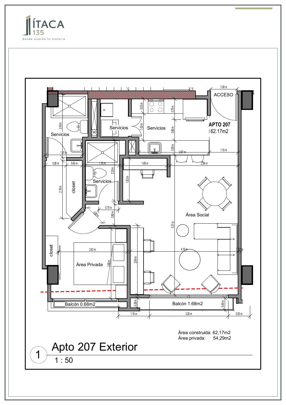 Plano arquitectónico del apartamento 207 de Ítaca 135