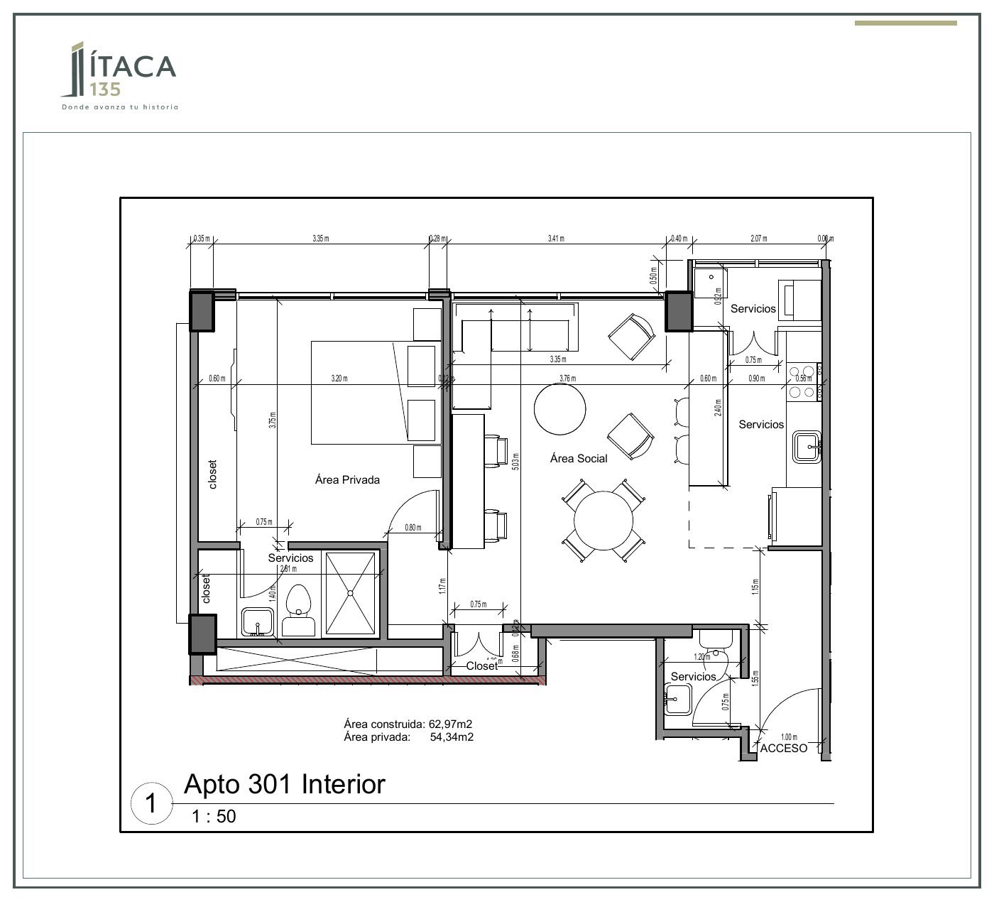 Plano arquitectónico del apartamento 301 de Ítaca 135
