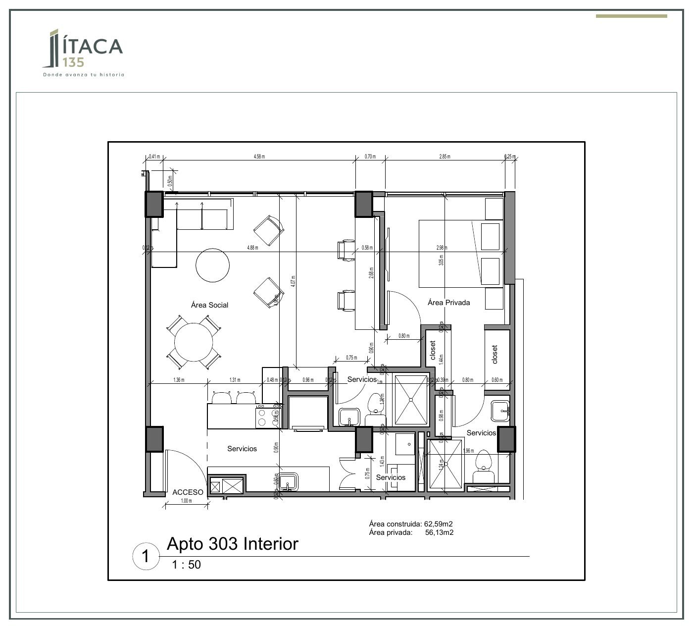 Plano arquitectónico del apartamento 303 de Ítaca 135