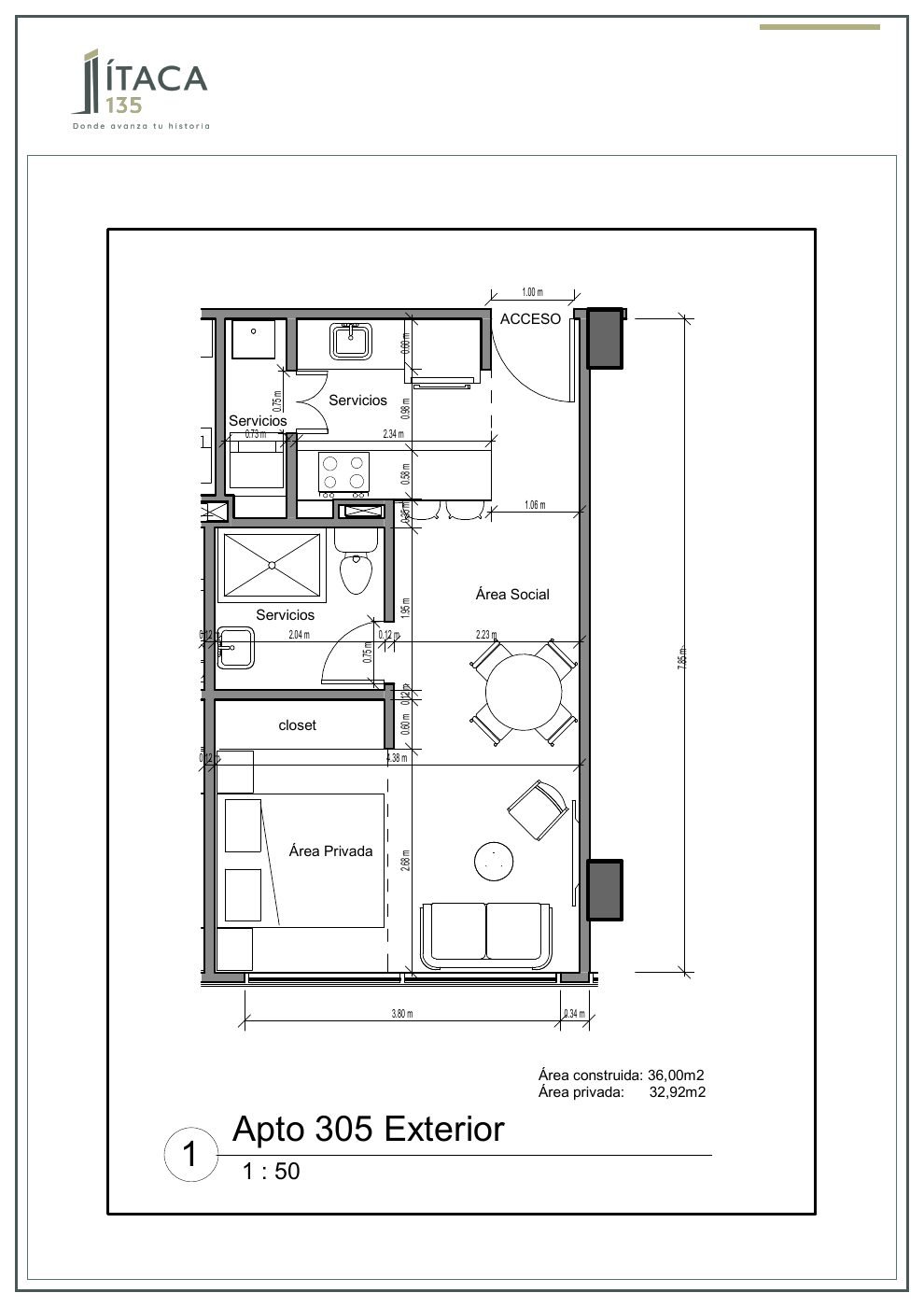 Plano arquitectónico del apartamento 305 de Ítaca 135