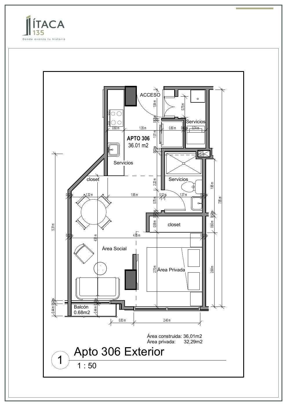 Plano arquitectónico del apartamento 306 de Ítaca 135