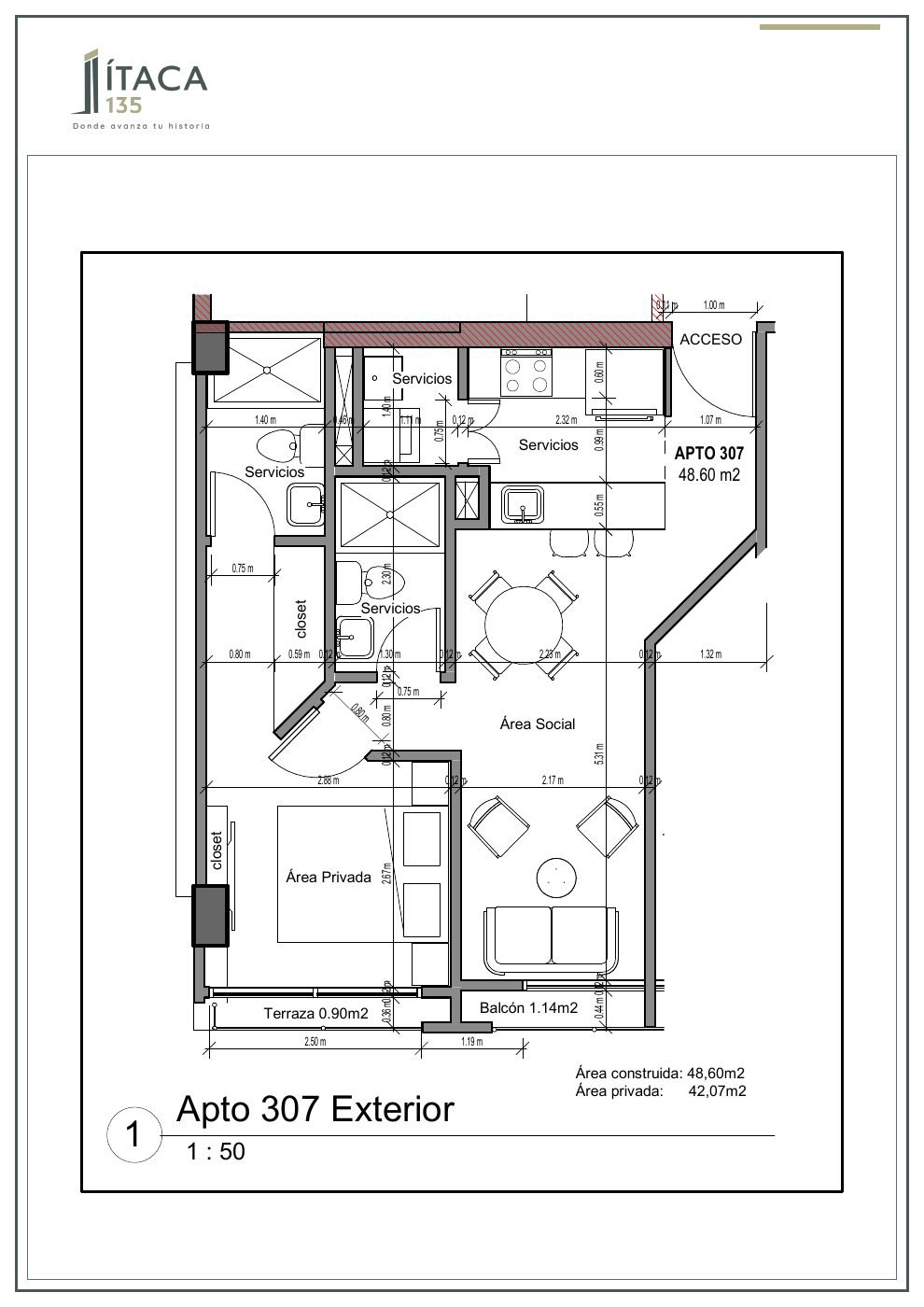 Plano arquitectónico del apartamento 307 de Ítaca 135