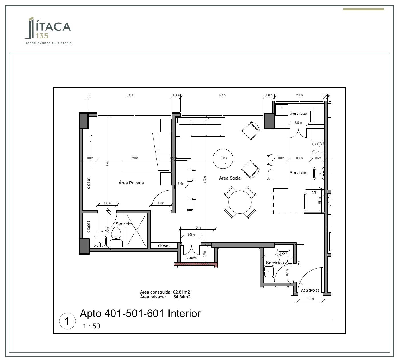 Plano arquitectónico del apartamento 401-501-601 de Ítaca 135