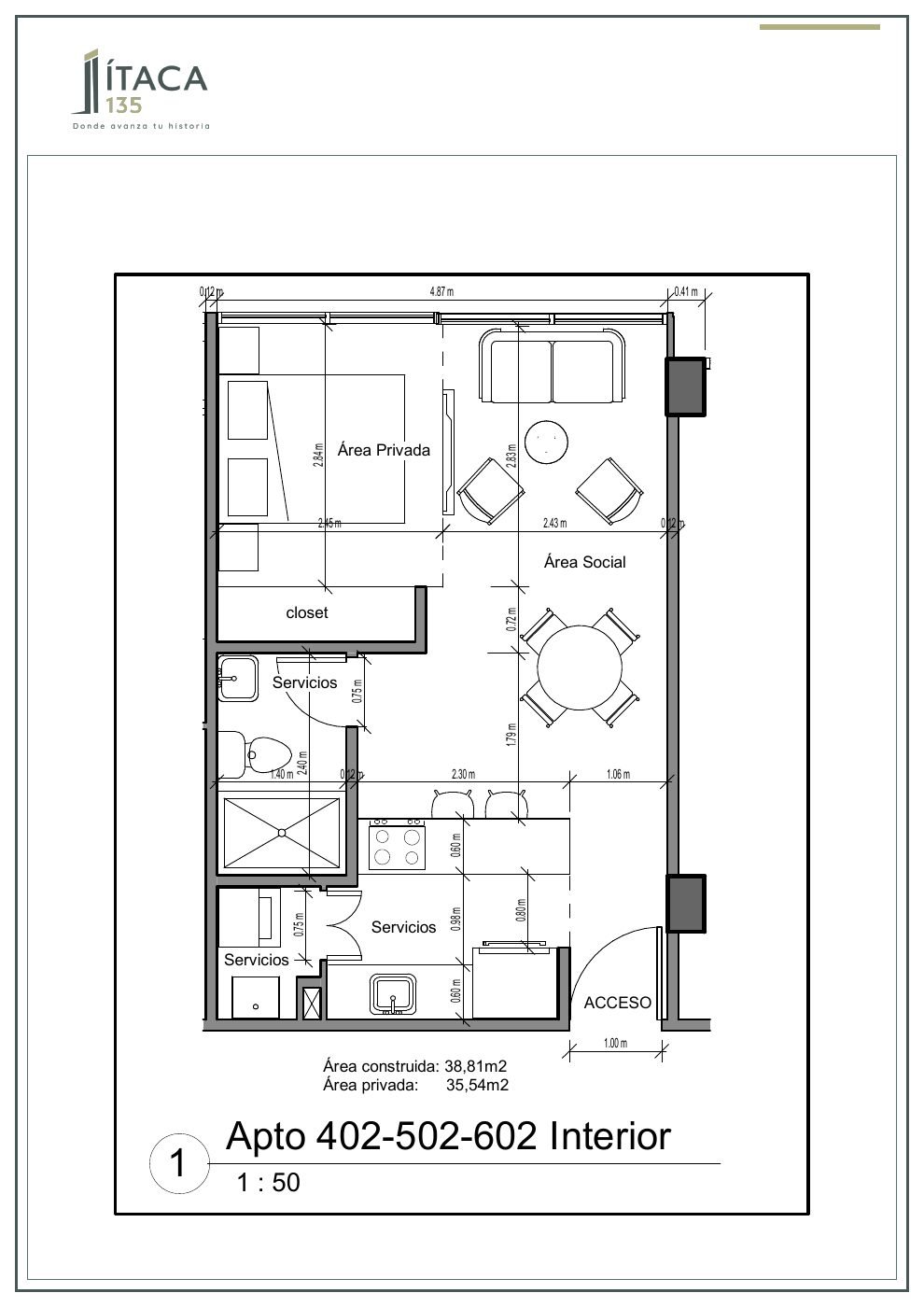 Plano arquitectónico del apartamento 402-502-602 de Ítaca 135