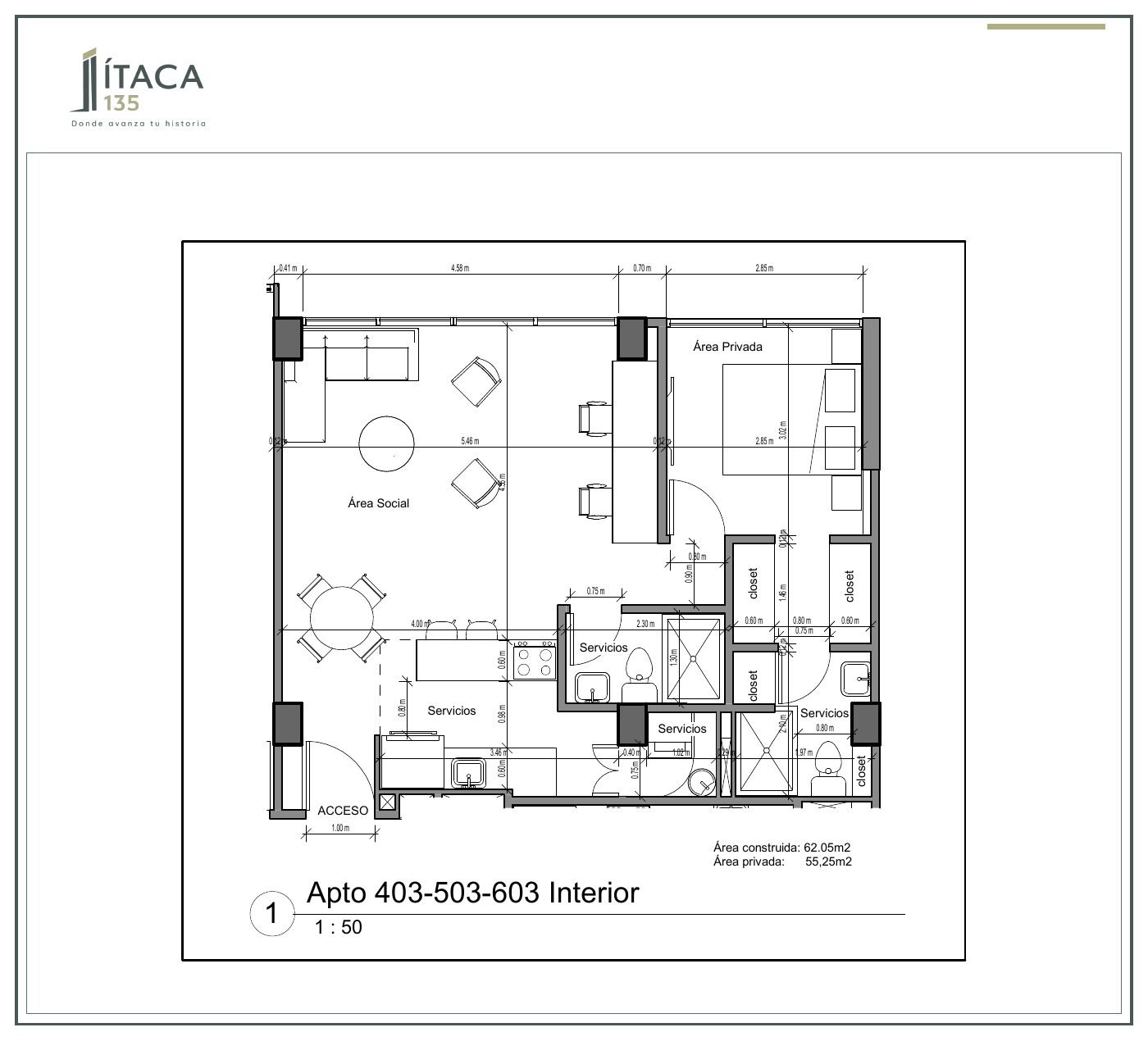 Plano arquitectónico del apartamento 403-503-603 de Ítaca 135