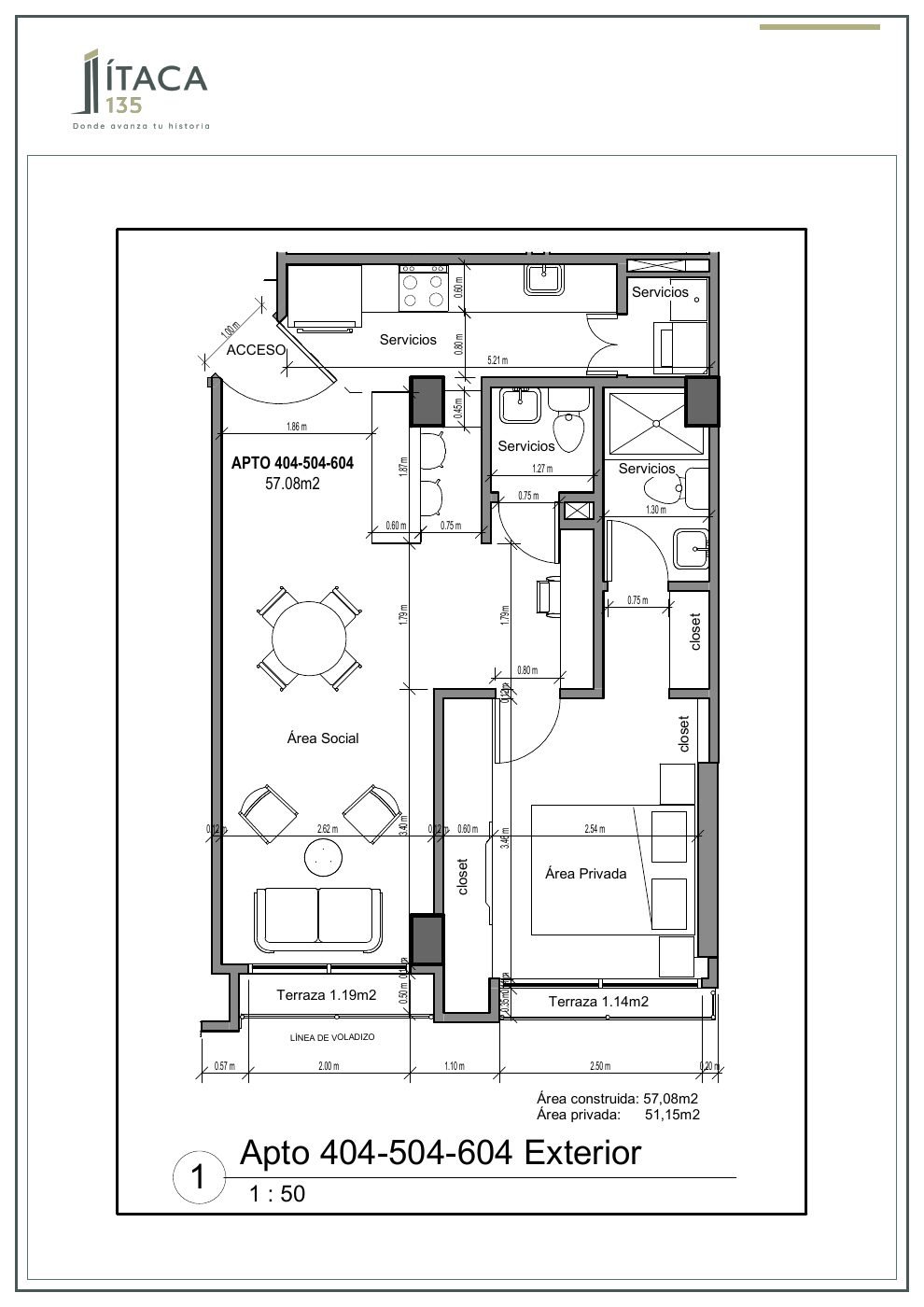 Plano arquitectónico del apartamento 404-504-604 de Ítaca 135