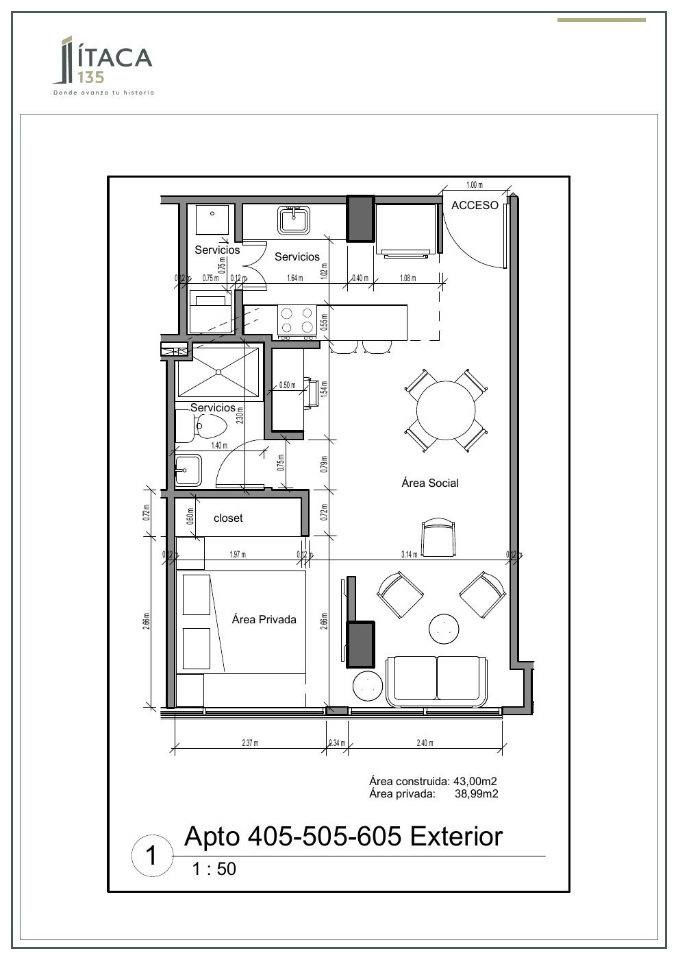 Plano arquitectónico del apartamento 405-505-605 de Ítaca 135