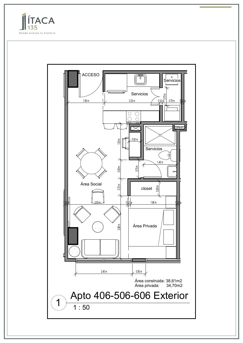 Plano arquitectónico del apartamento 406-506-606 de Ítaca 135
