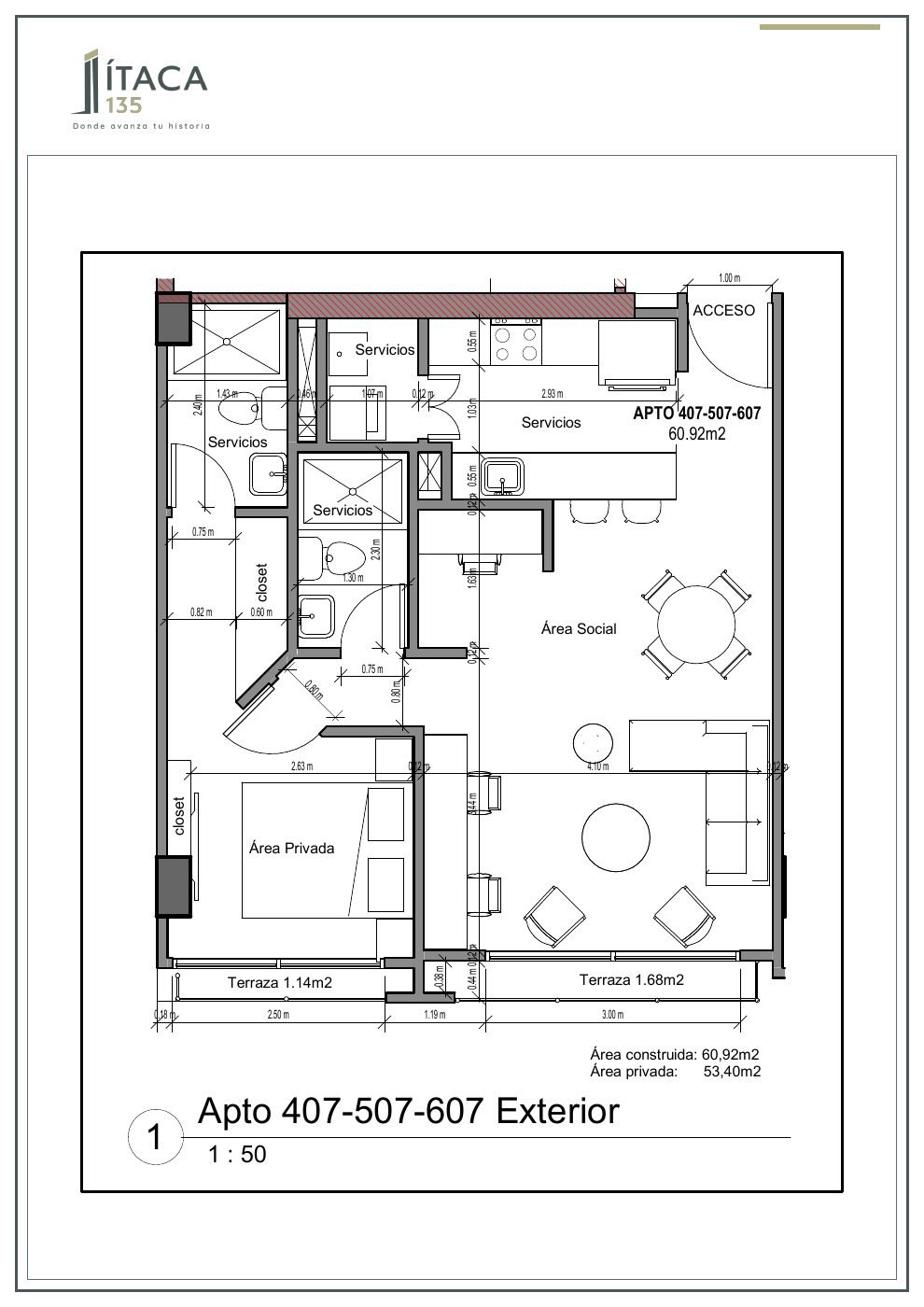 Plano arquitectónico del apartamento 407-507-607 de Ítaca 135