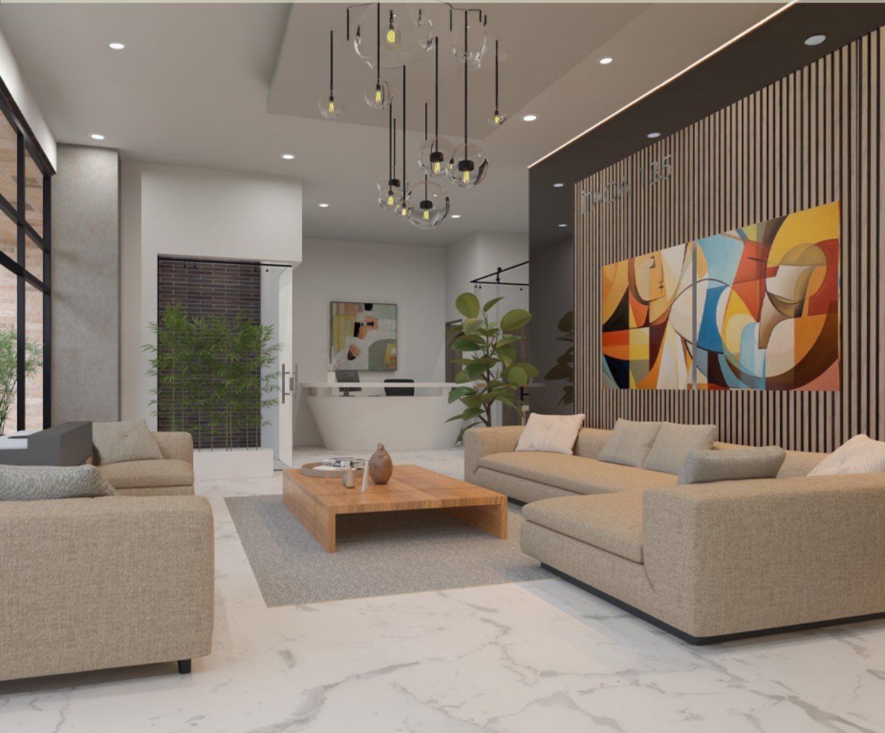 Render de Lobby Lounge en Ítaca 135
